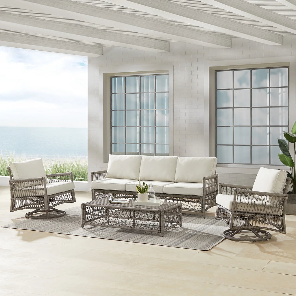 4Pc Outdoor Wicker Swivel Rocker And Sofa Set Creme/Driftwood F960