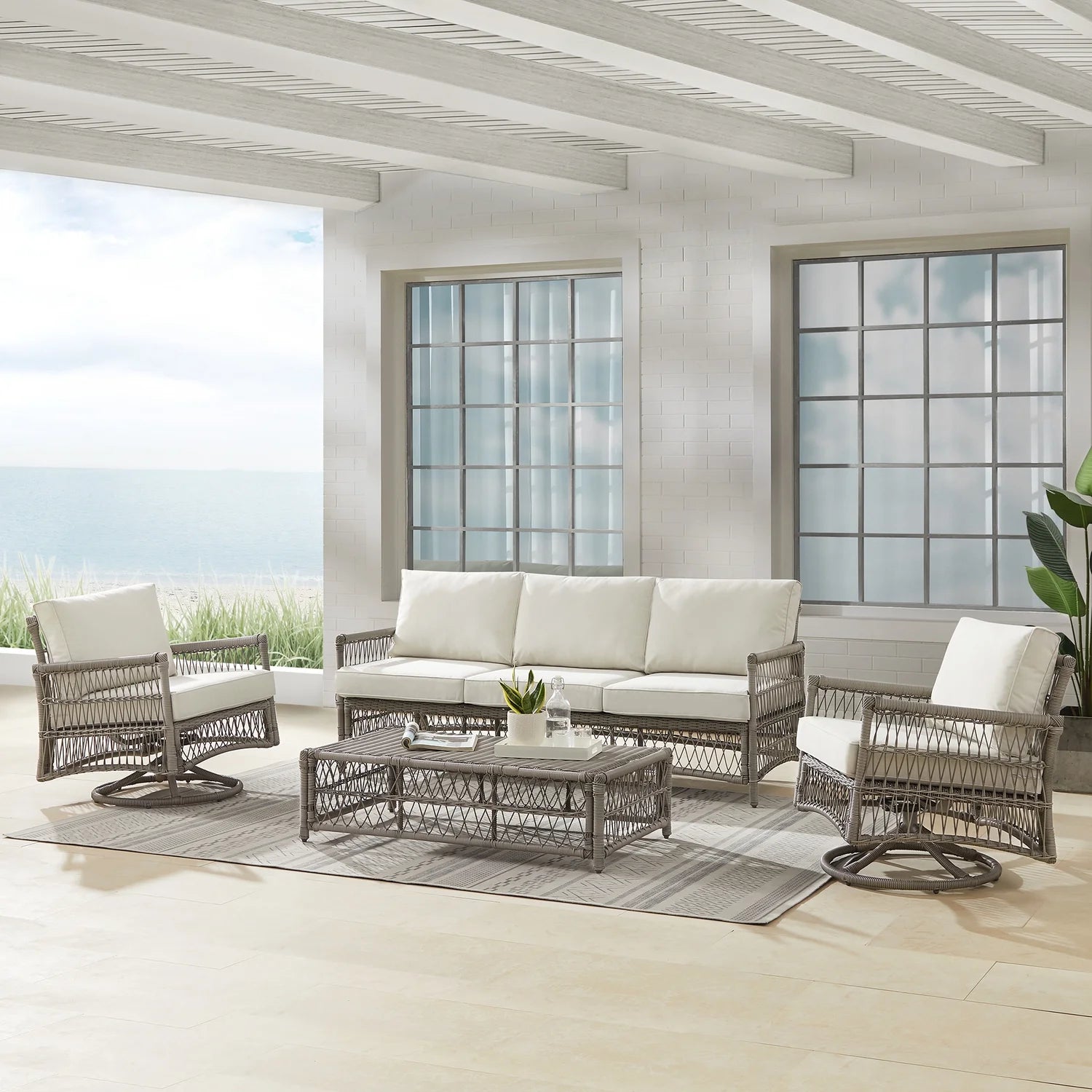 4Pc Outdoor Wicker Swivel Rocker And Sofa Set Creme/Driftwood F960
