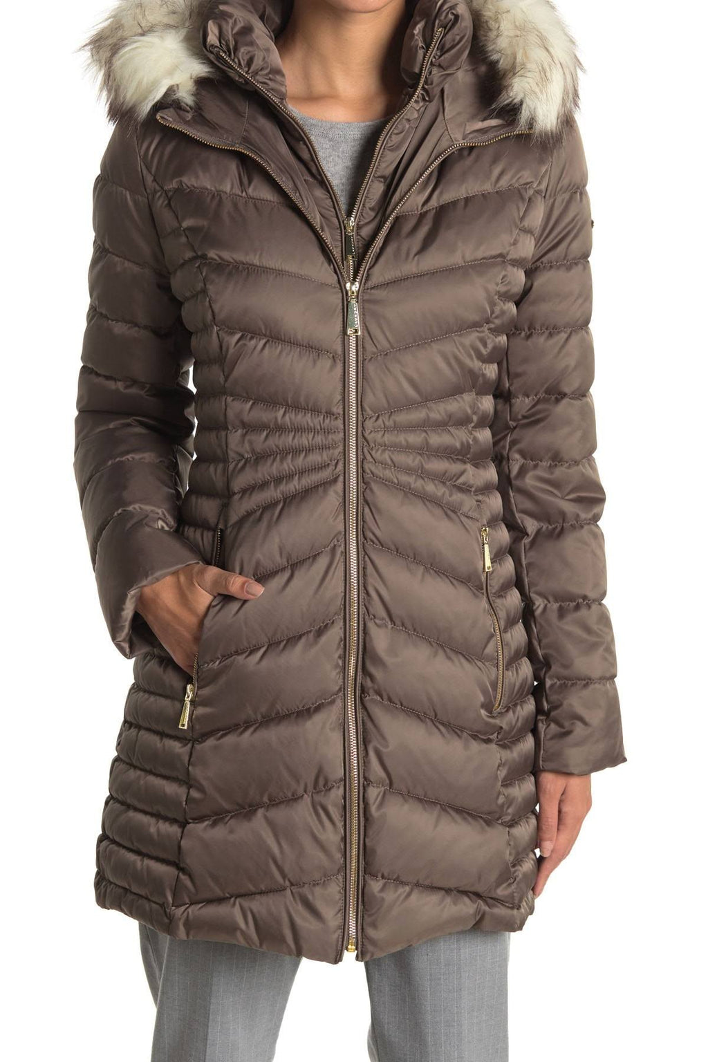 Faux-Fur-Trim Hooded Puffer Coat G635