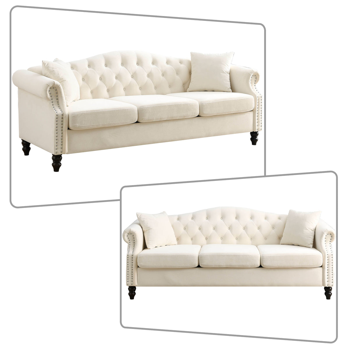 Beige Velvet Three-seat Sofa with Two Pillows J364