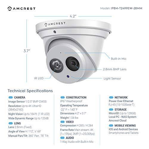 2-Pack Outdoor Security IP Turret PoE Camera, 4K (8MP), 98ft Nightvision, 2.8mm Lens, IP67 Q112914