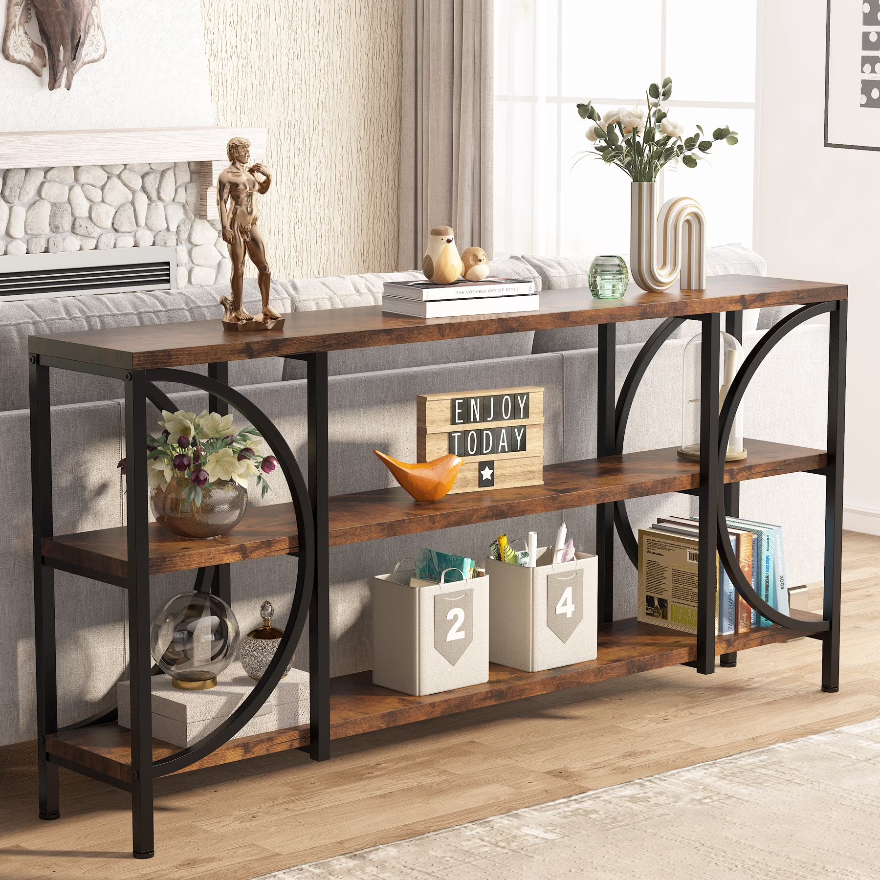 Rustic Brown 3 Tier Narrow Console Table with Storage Shelves V5765