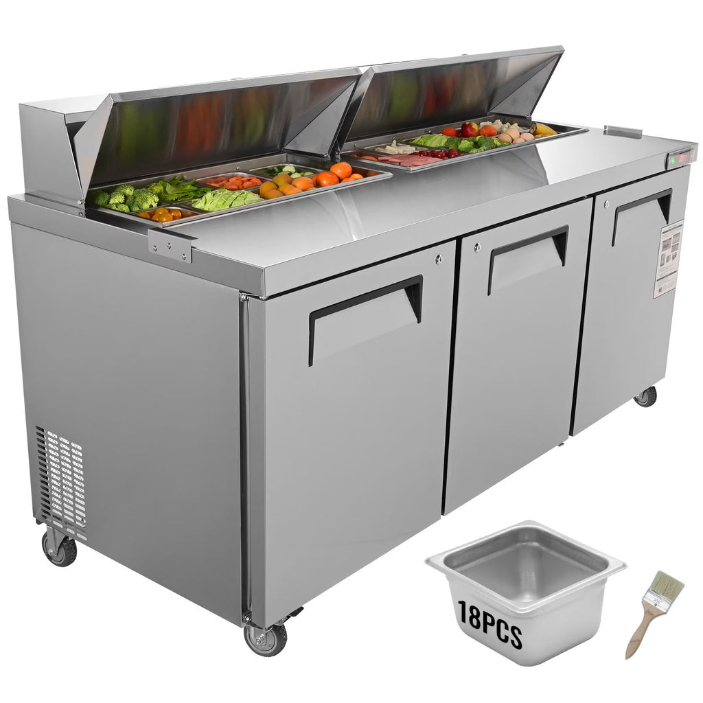 Refrigerated 72" Wide Sandwich Salad Prep Table 3 Doors Holds 18 Pans E733980