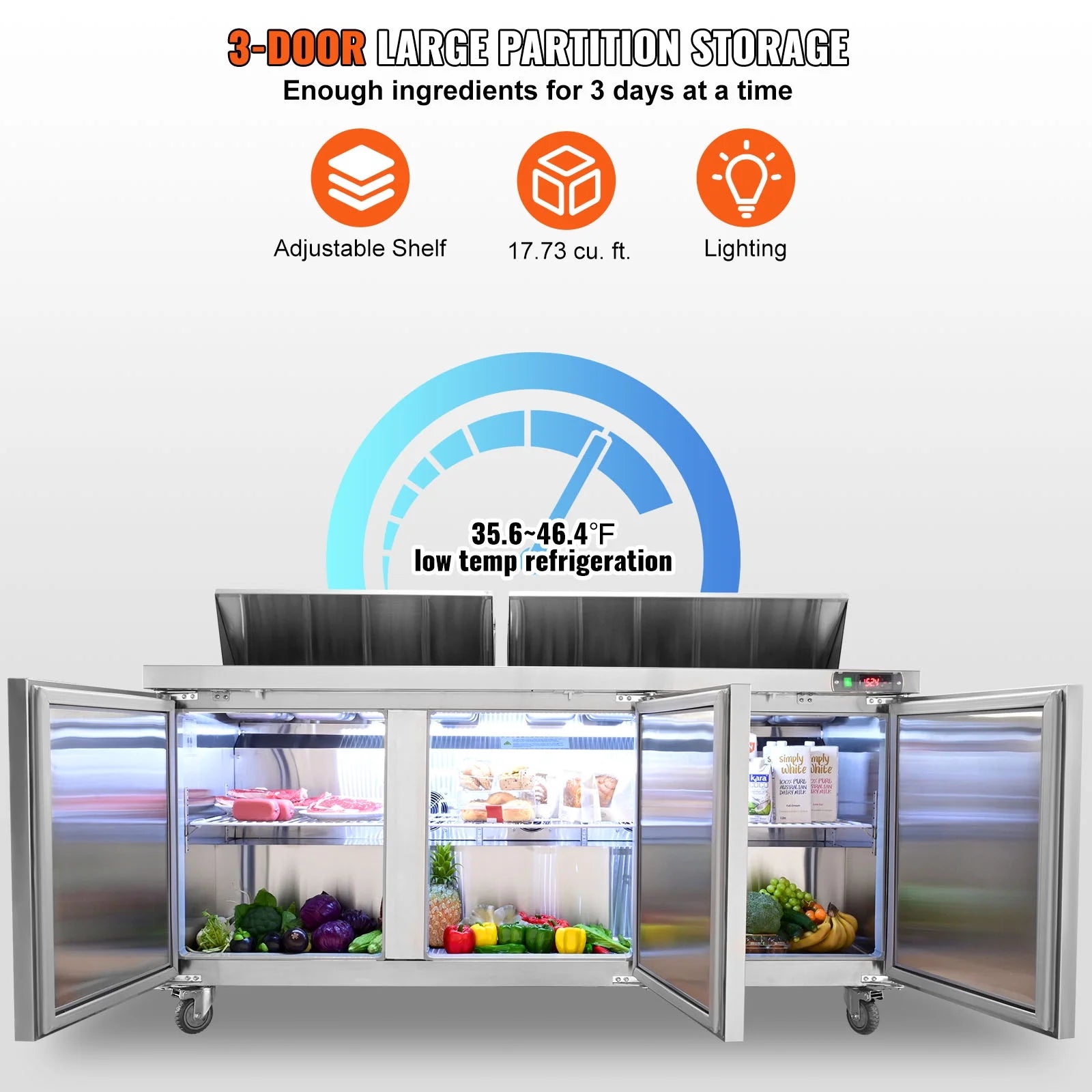 Refrigerated 72" Wide Sandwich Salad Prep Table 3 Doors Holds 18 Pans E733980