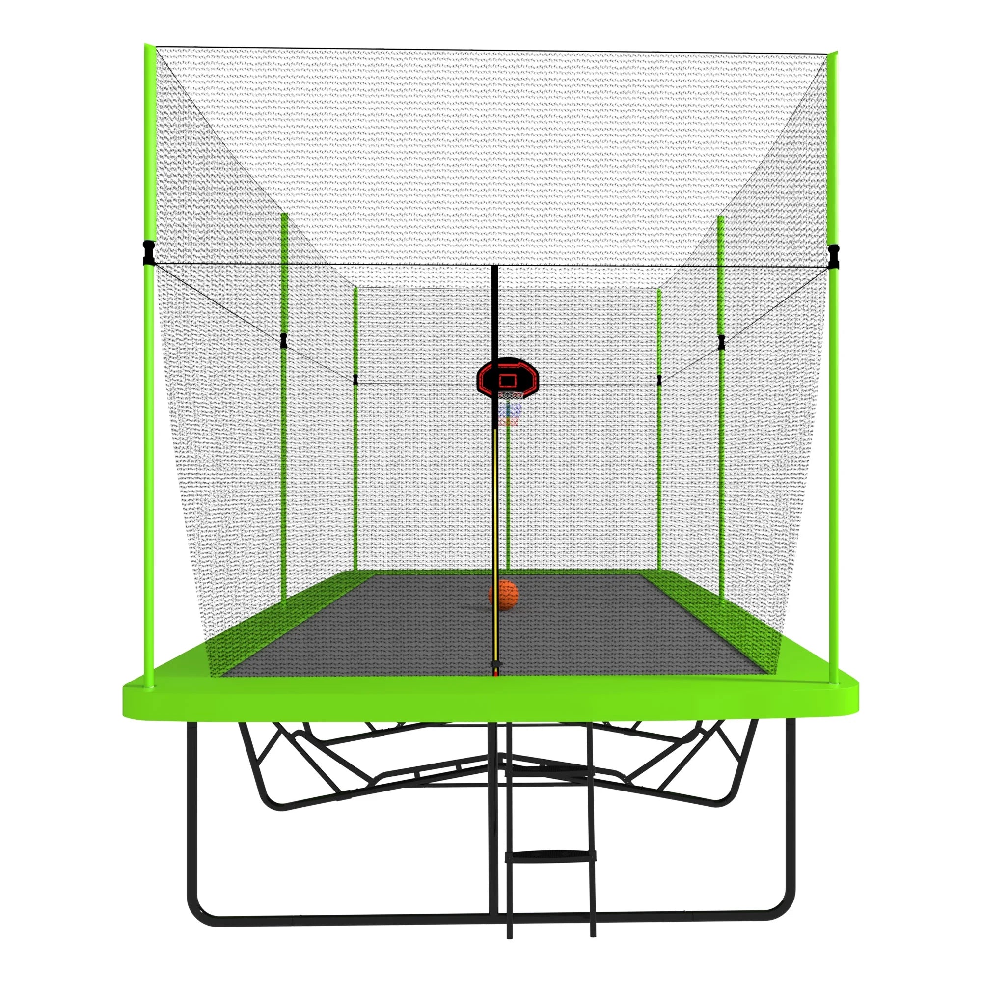 10ft by 17ft Rectangular Trampoline with Green Fabric Black Galvanized Steel Tubes with Basketball Hoop System Ladder K47829