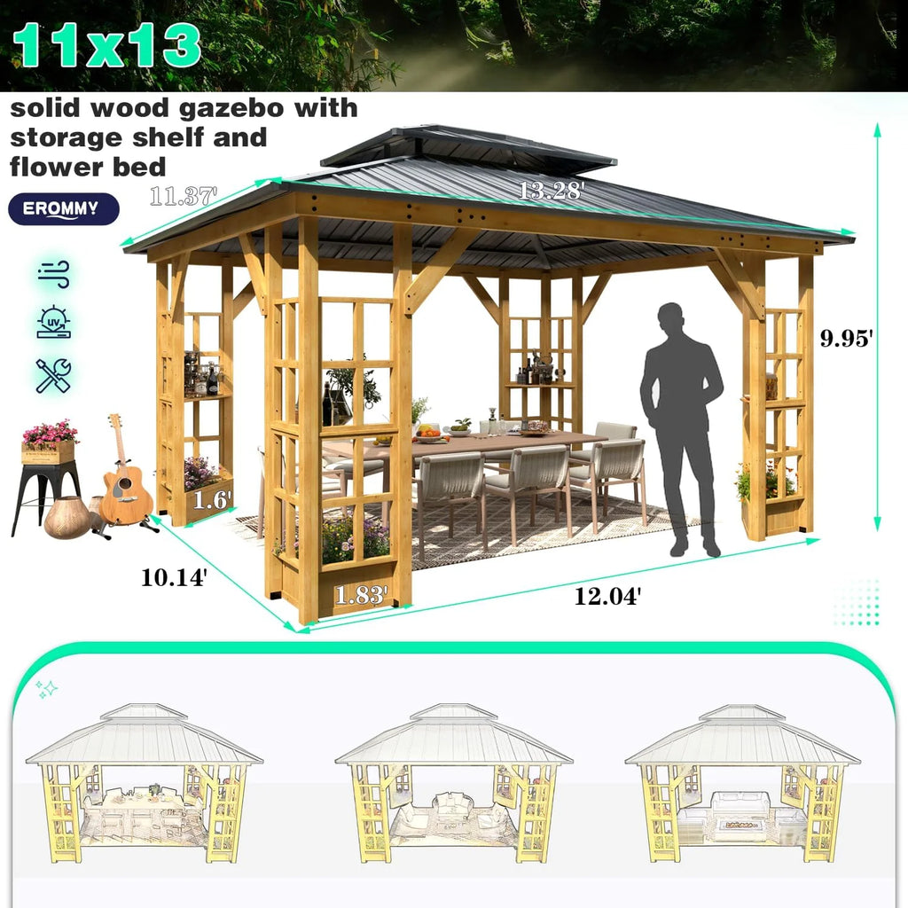 Wood Gazebo with Solid Wooden Frame and Double Roof Canopy T92991