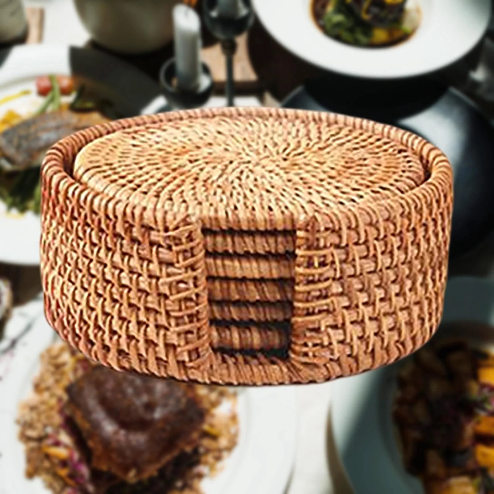 6x Round Rattan Coasters with Holder O520756