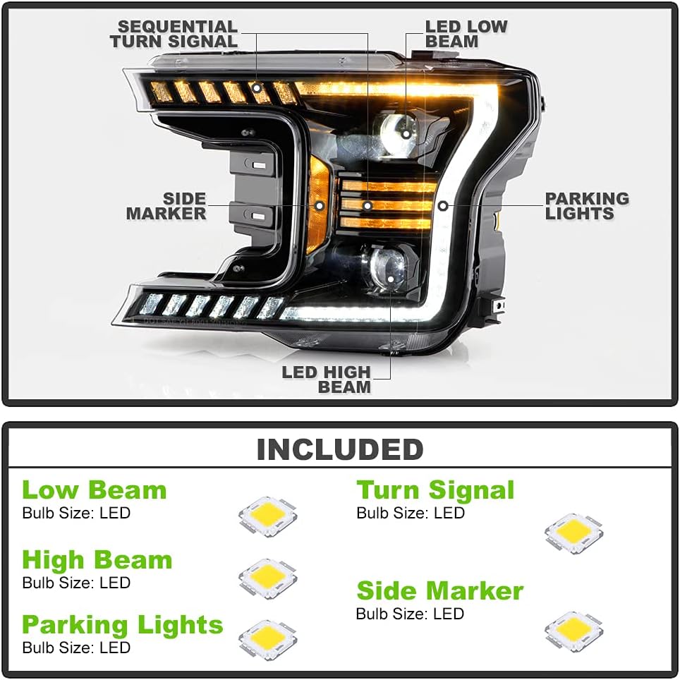 Black LED Tube Projector Headlights Set Left+Right X333118