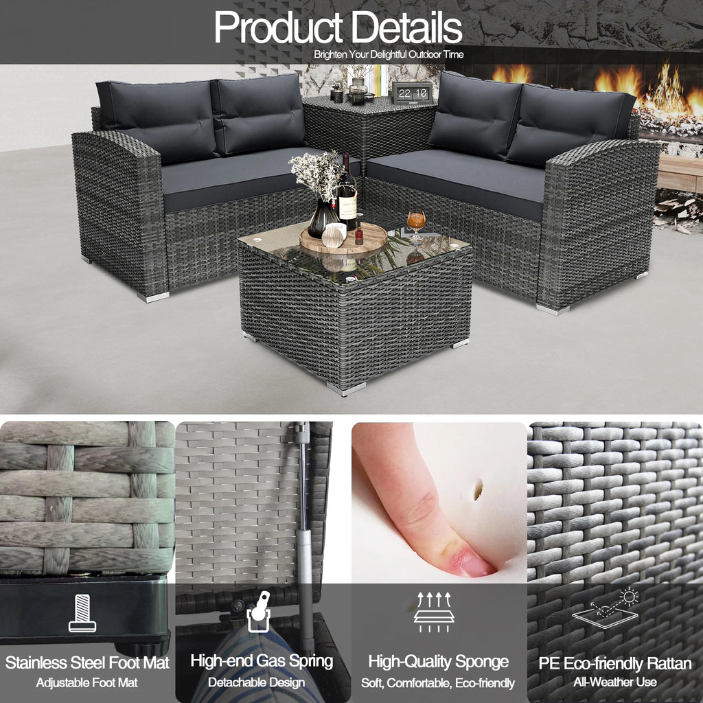 4 Pieces PE Rattan Sectional Sofa Set with Glass Table N90358