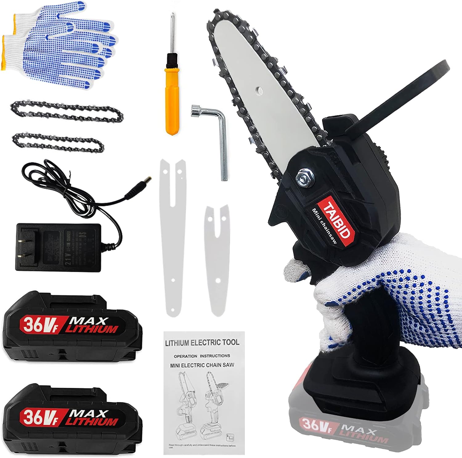 Mini Chainsaw Cordless 36V 2pcs Batteries, 4 Inch and 6 Inch Handheld Electric Chainsaw, Black K545390