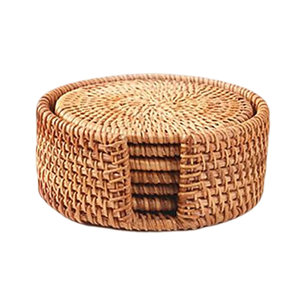 6x Round Rattan Coasters with Holder O520756