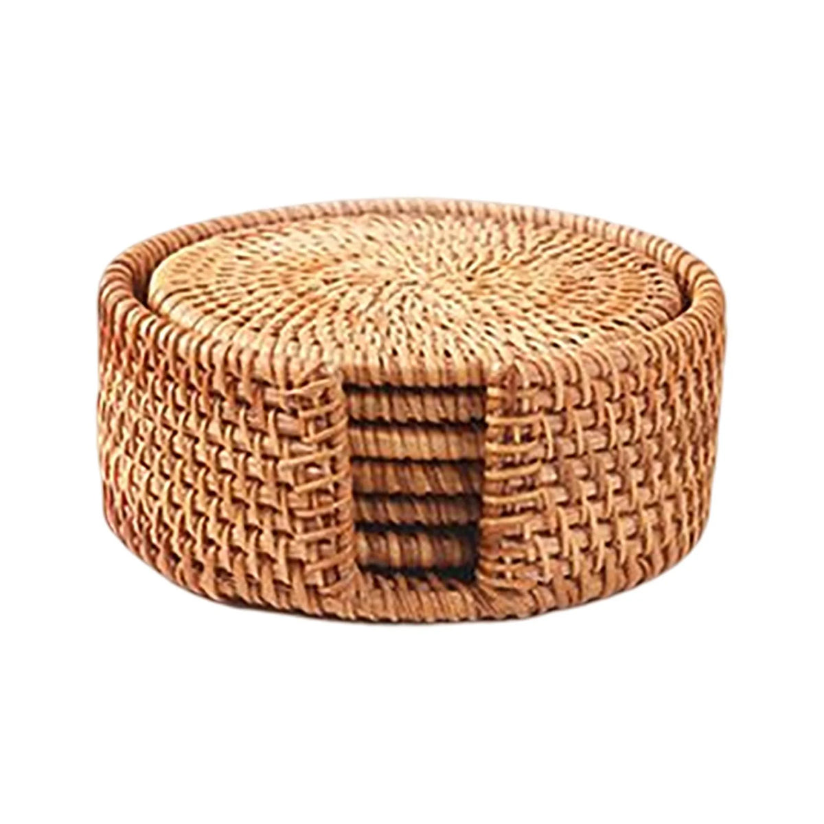 6x Round Rattan Coasters with Holder O520756