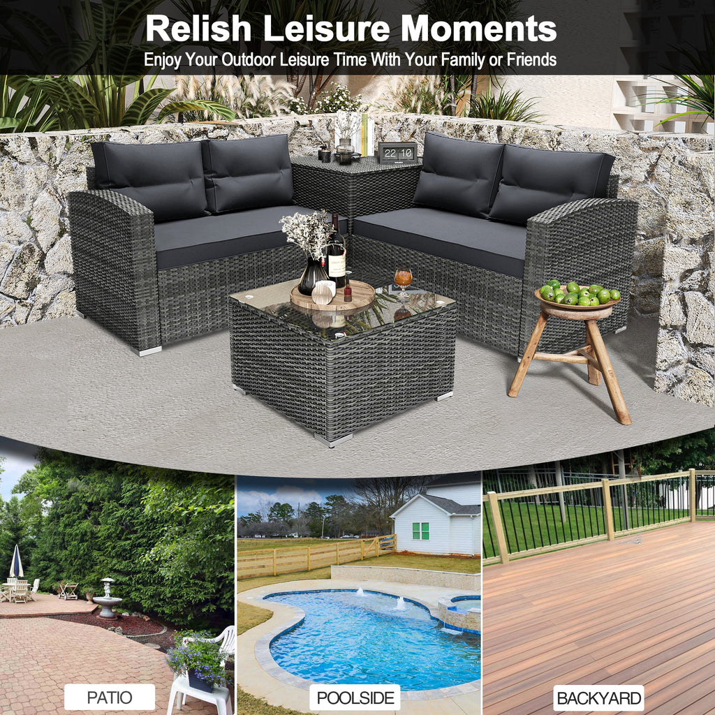 4 Pieces PE Rattan Sectional Sofa Set with Glass Table N90358