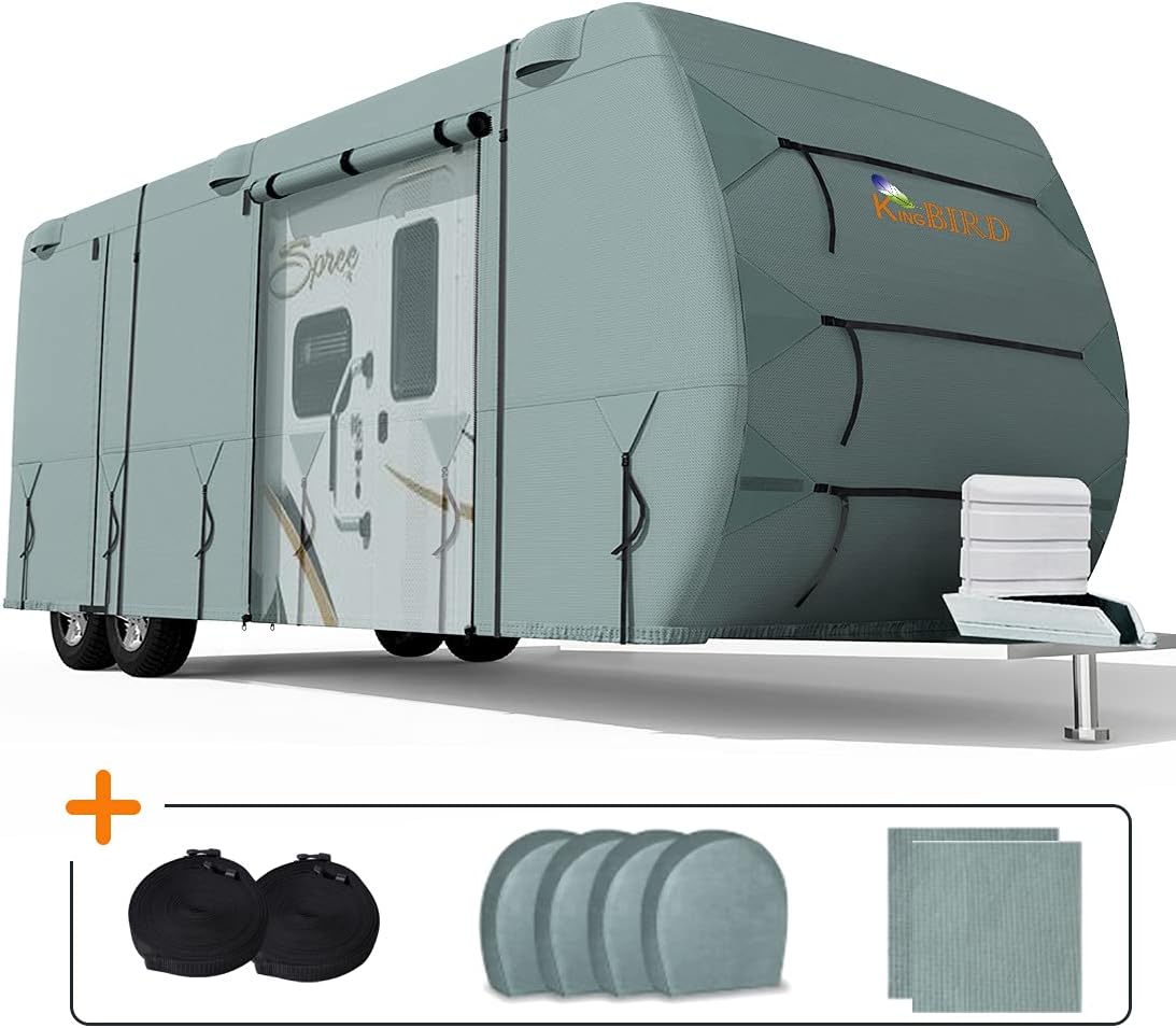 Extra-Thick 4 Layers Travel Trailer RV Cover, Fits 30'-33' Motorhome with 2Pcs Extra Straps & 4 Tire Covers E943516