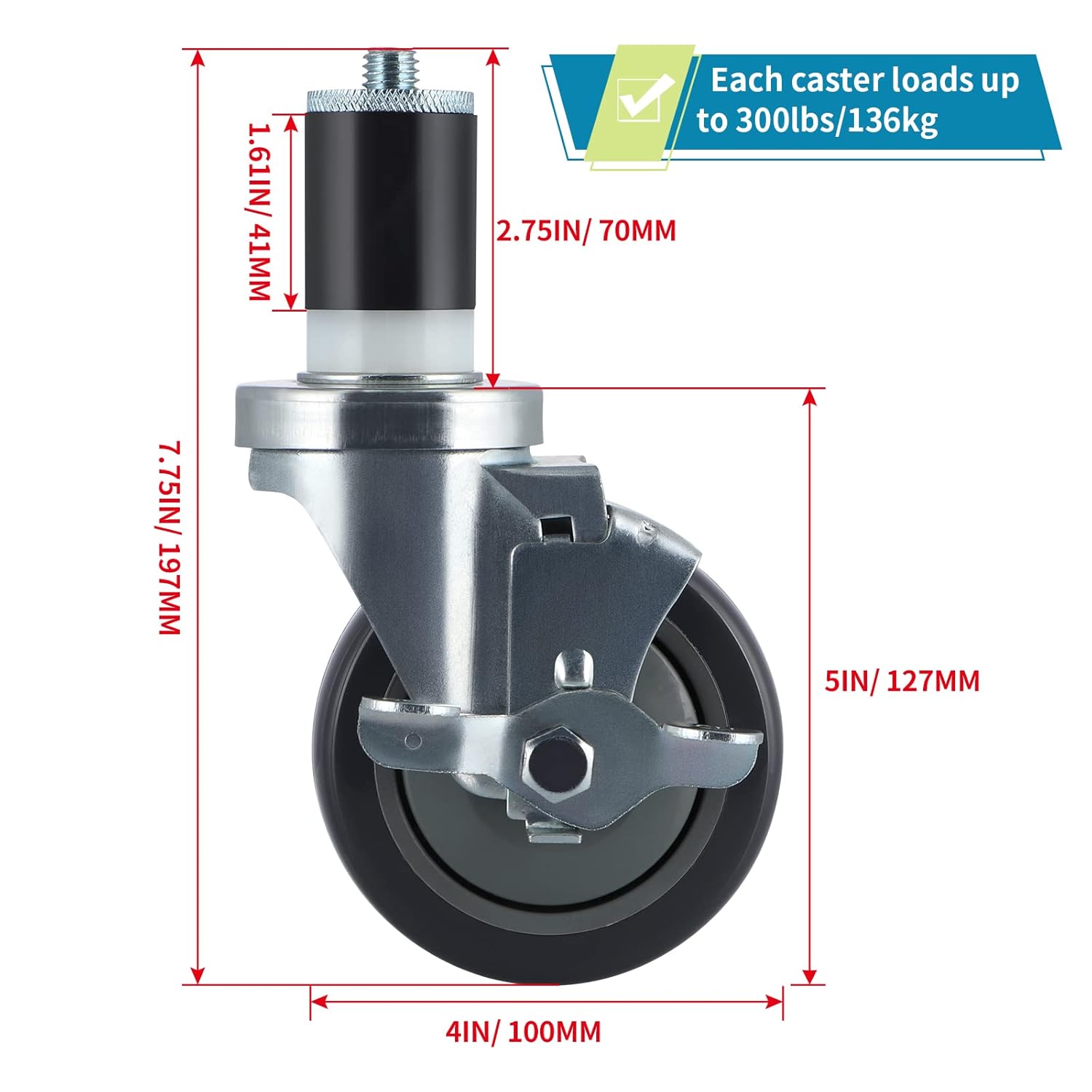 4 Pcs Stainless Steel Expanding Stem Casters P457