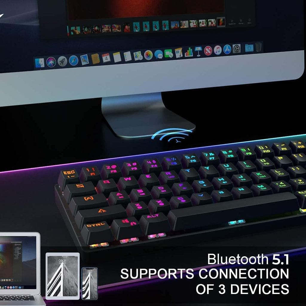 Wireless Wired 60% Mechanical Keyboard with Arrow Keys, Bluetooth 5.1, True RGB Backlit, 1900mAh Battery (White, Red Switch) O370711