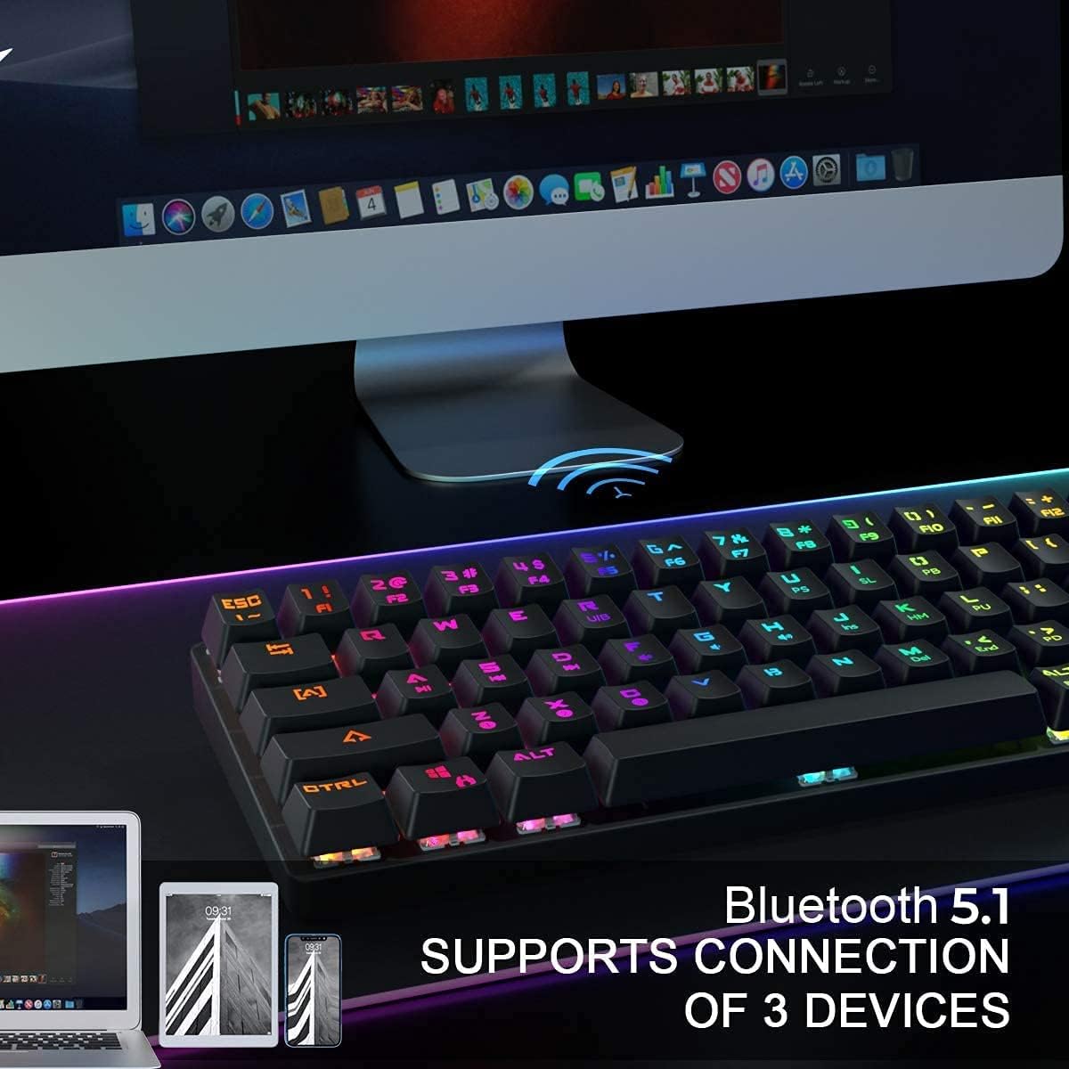Wireless Wired 60% Mechanical Keyboard with Arrow Keys, Bluetooth 5.1, True RGB Backlit, 1900mAh Battery (White, Red Switch) O370711