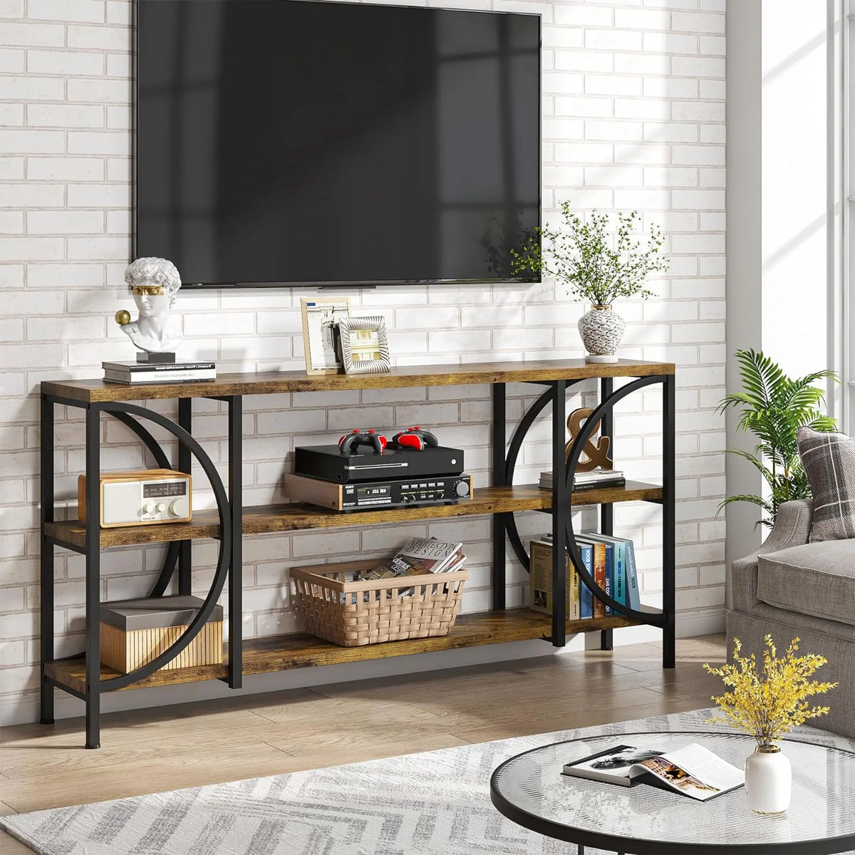 Rustic Brown 3 Tier Narrow Console Table with Storage Shelves V5765