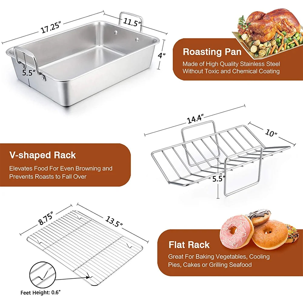 Stainless Steel Roasting Pan with Rack, 17'' x 11.5'' x 5.5'' O956
