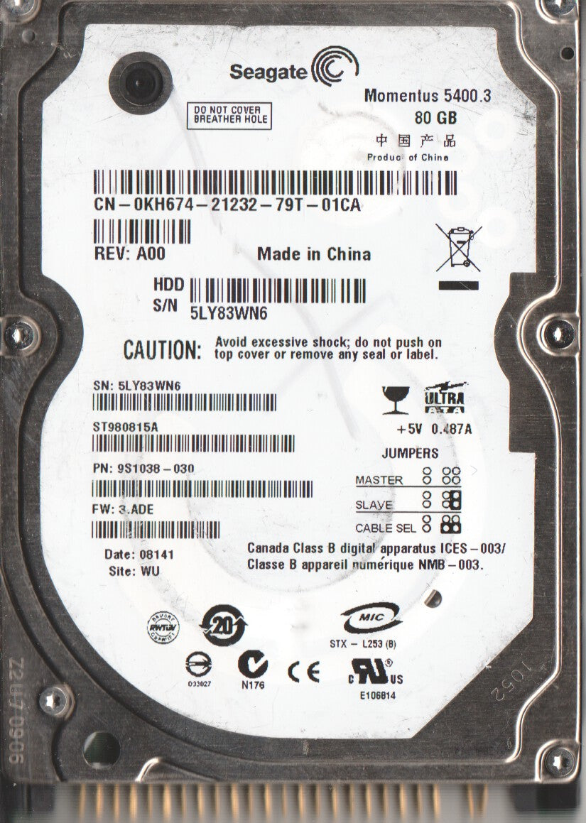 80GB IDE 2.5 Hard Drive V72887