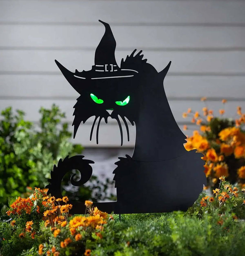 Metal Halloween Cat Silhouette Stake with Lighted Eyes B6089