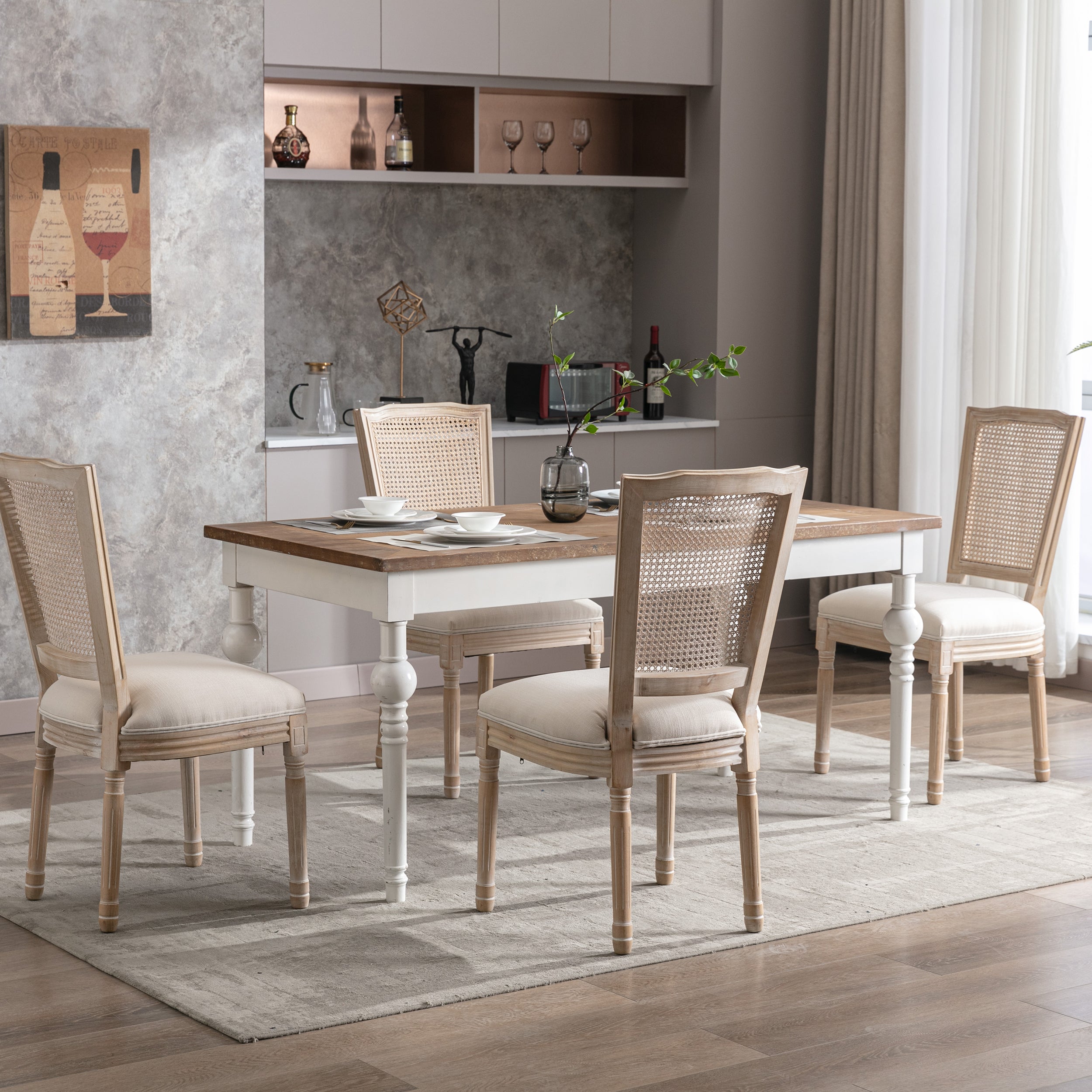 Cream Linen Fabric Rattan Back Dining Chair, Set of 2 K77266