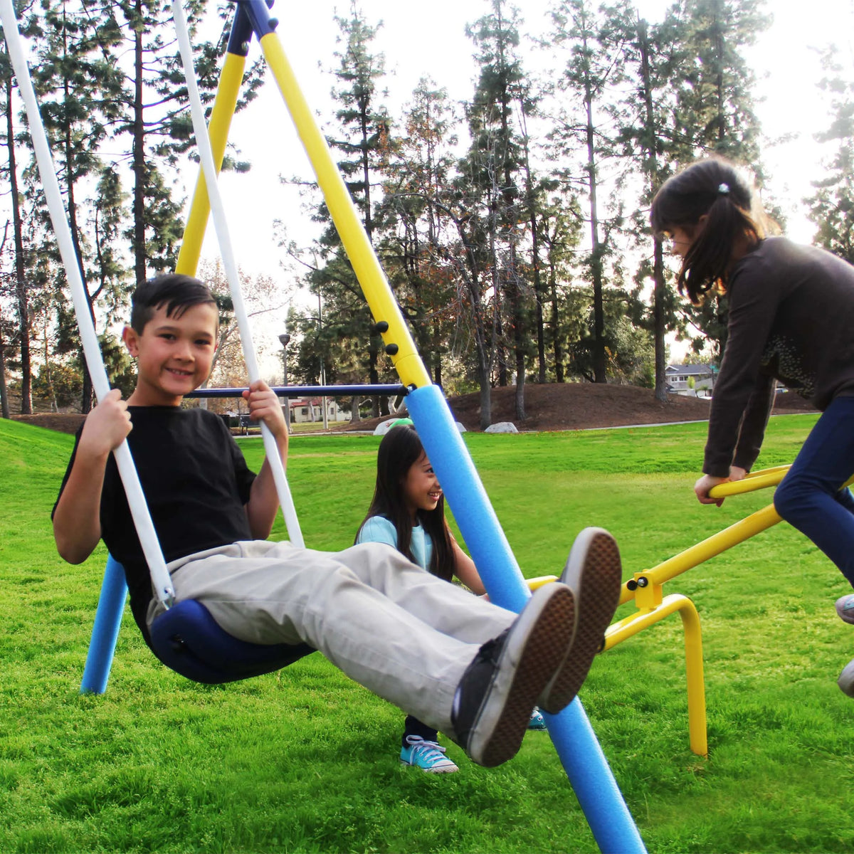 Metal Swing Set with Trapeze, Teeter-Totter, and 6' Double Wall Slide S428051