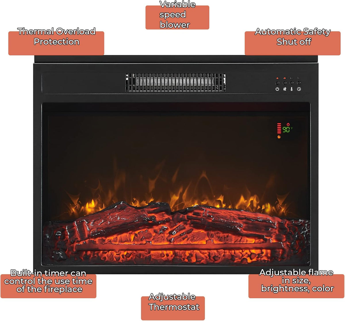 Electric Fireplace Mantel Freestanding Media Stand with 3 Cabinet Bookcase Shelf and Remote Control R91210