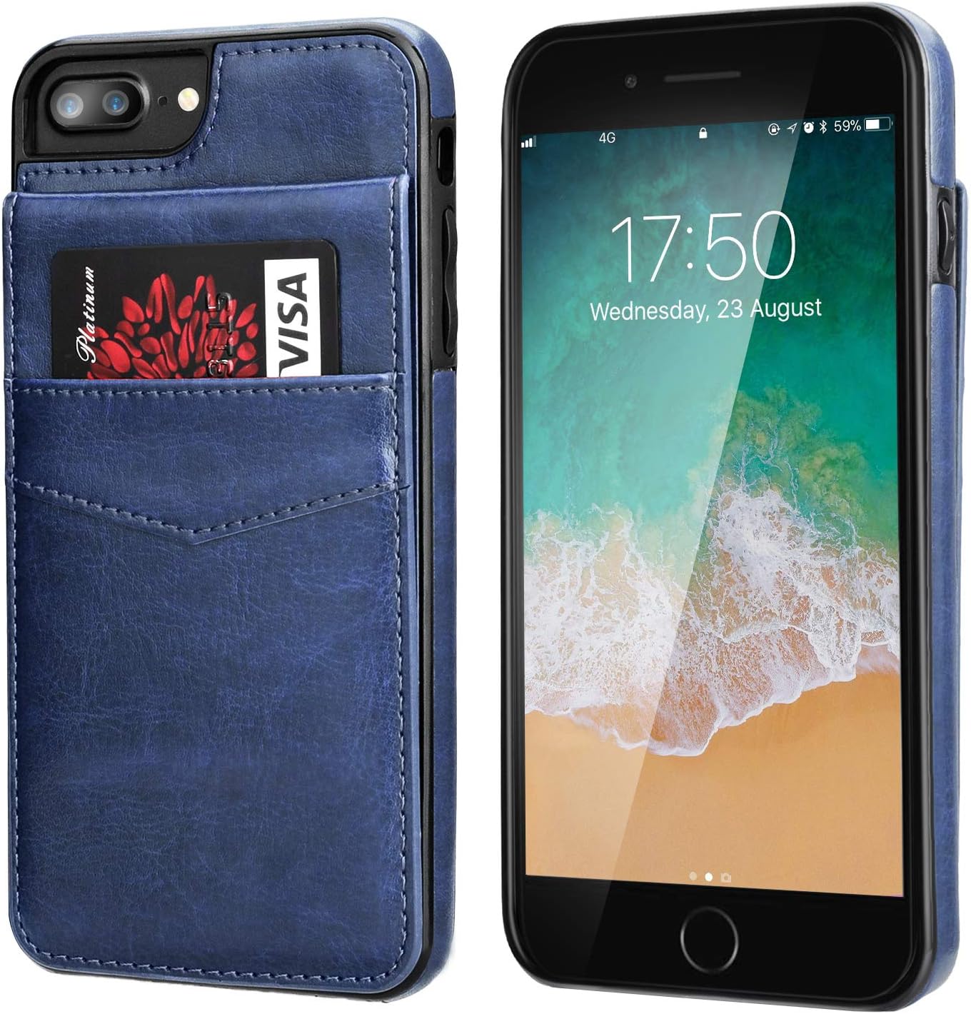 Blue Leather Wallet Case for iPhone 7 Plus 8 Plus with Card Holder P88710