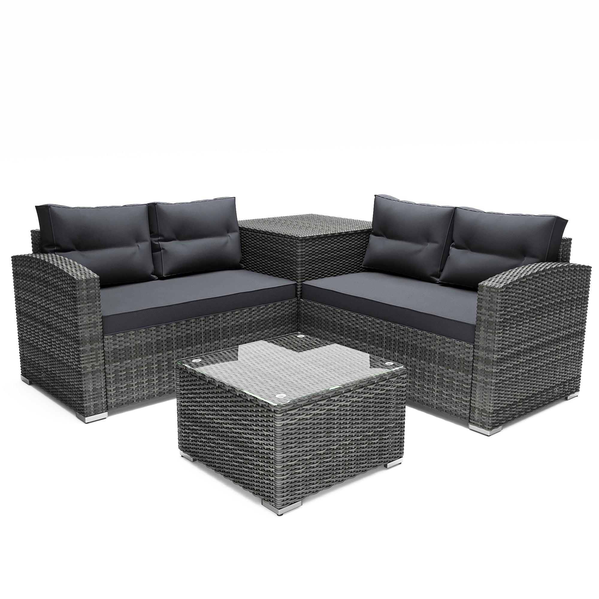 4 Pieces PE Rattan Sectional Sofa Set with Glass Table N90358