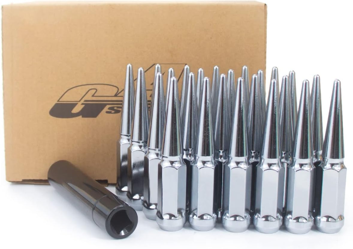 14x1.5 Chrome Spike Lug Nuts, Closed End Bulge Acorn, 3/4'' Hex Cone Seat, Set of 24+1 Key G5349