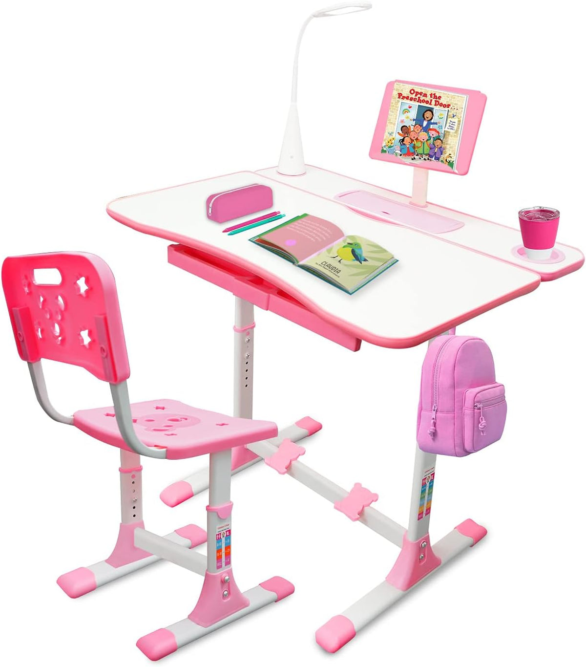 Kids Desk and Chair Set with Lamp, Pencil Case, and Bookstand N6120