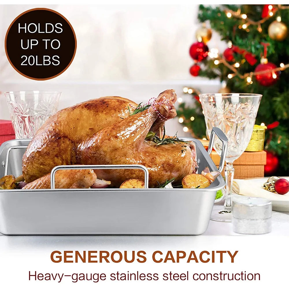 Stainless Steel Roasting Pan with Rack, 17'' x 11.5'' x 5.5'' O956