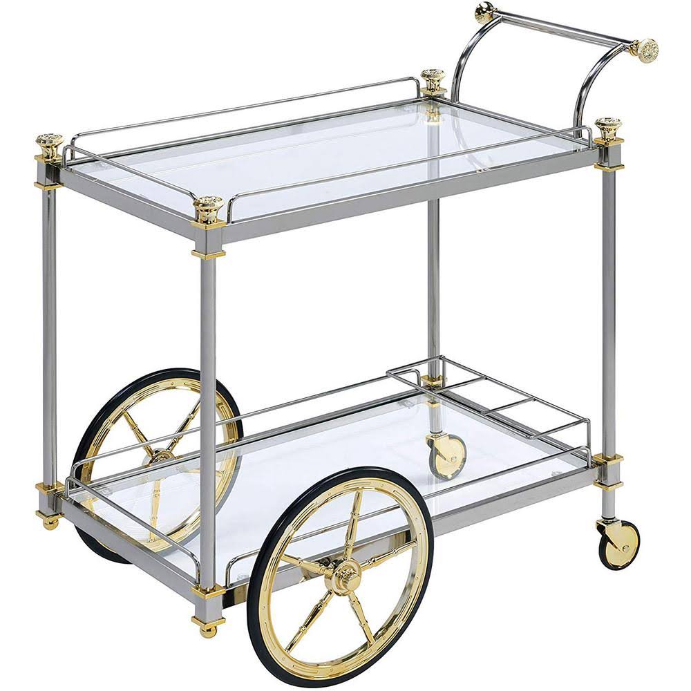 Silver and Gold Metal Framed Serving Cart with Glass Shelves R7377