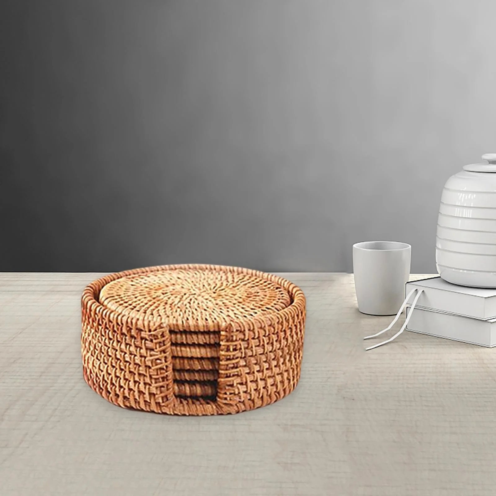 6x Round Rattan Coasters with Holder O520756