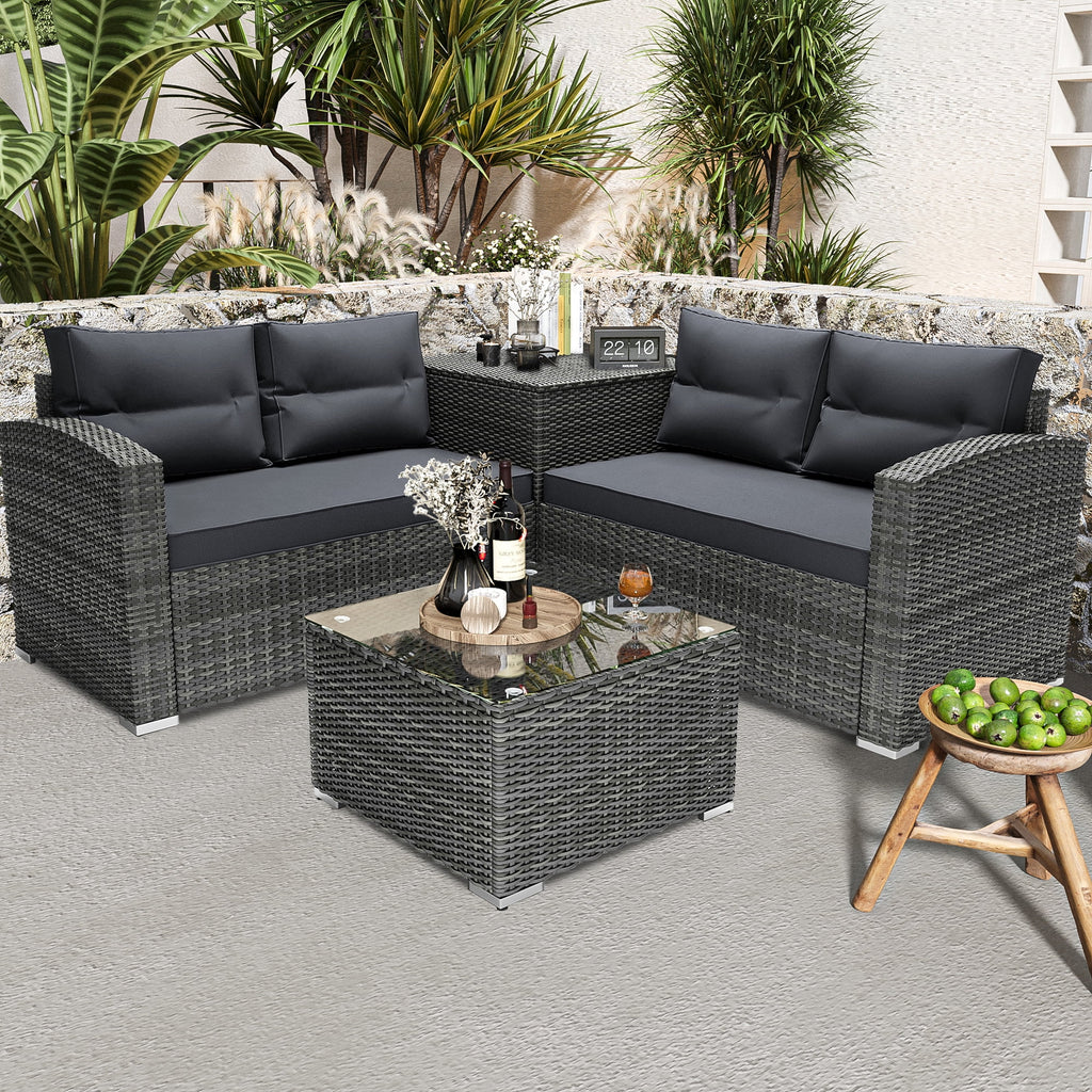4 Pieces PE Rattan Sectional Sofa Set with Glass Table N90358