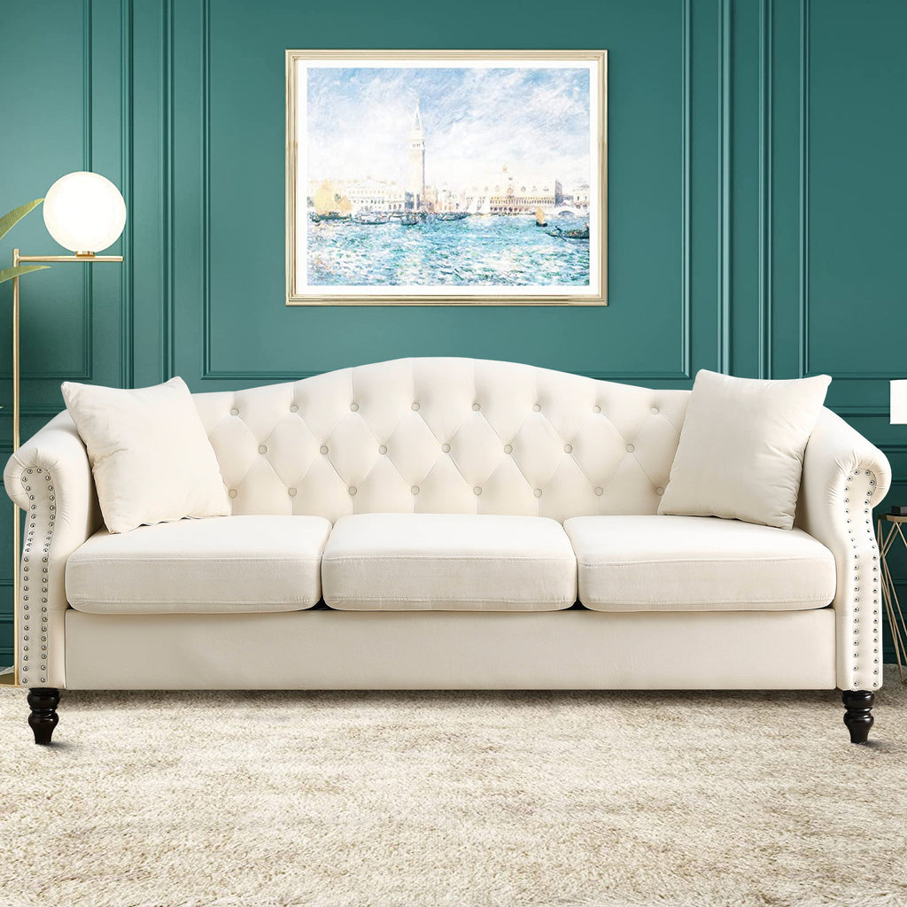 Beige Velvet Three-seat Sofa with Two Pillows J364