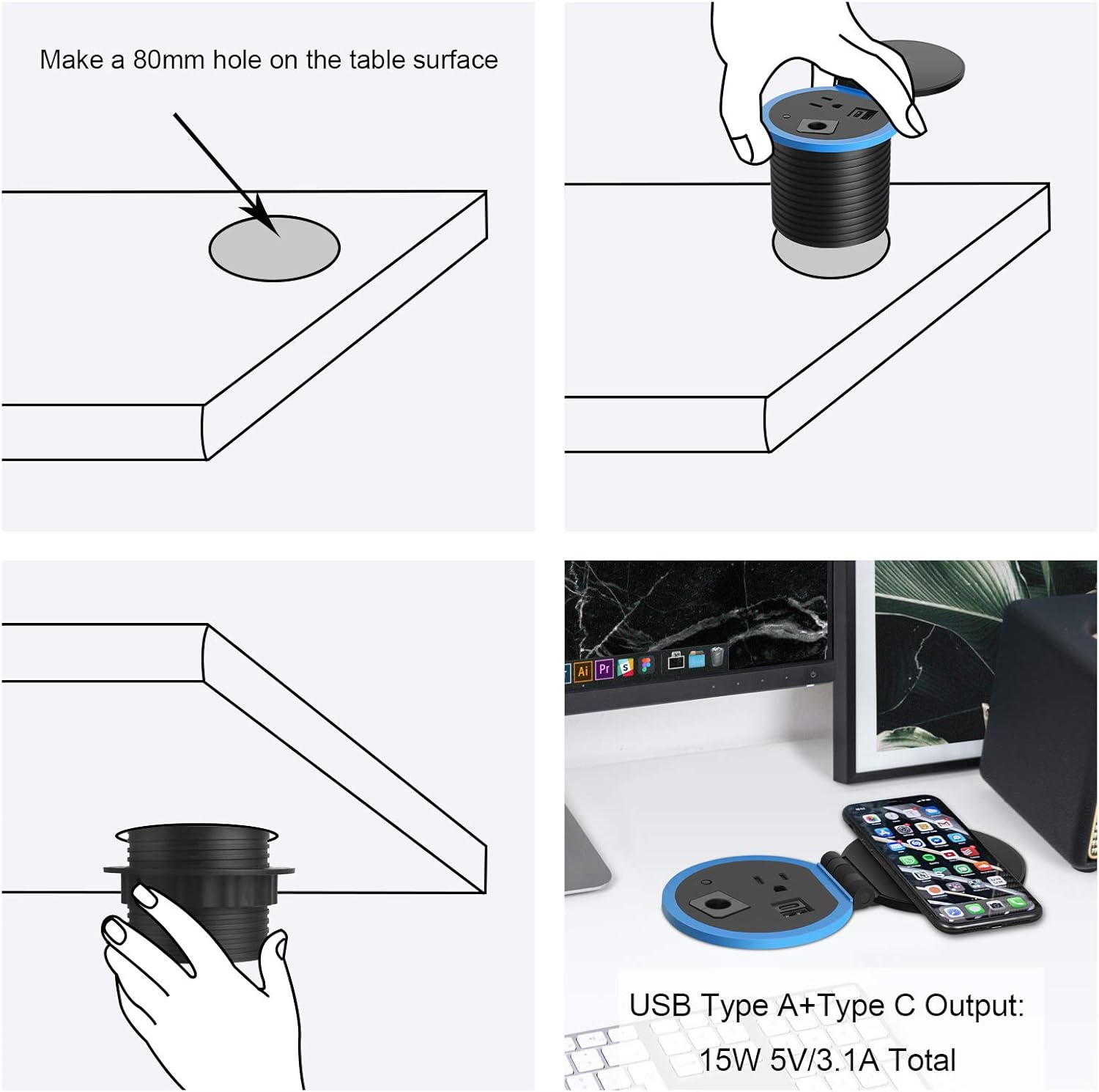 Desktop Power Grommet with Wireless Charger, USB C, 3.15" Hole, Pack of 2 G301236