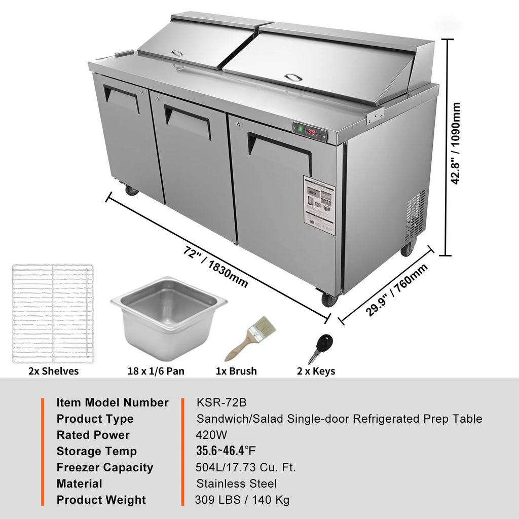 Refrigerated 72" Wide Sandwich Salad Prep Table 3 Doors Holds 18 Pans E733980