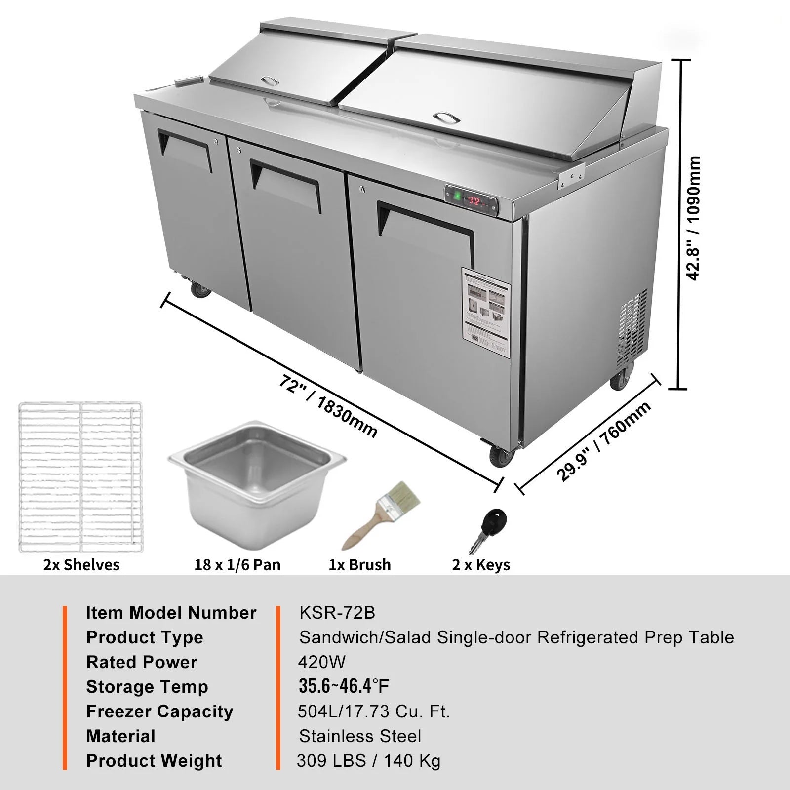 Refrigerated 72" Wide Sandwich Salad Prep Table 3 Doors Holds 18 Pans E733980