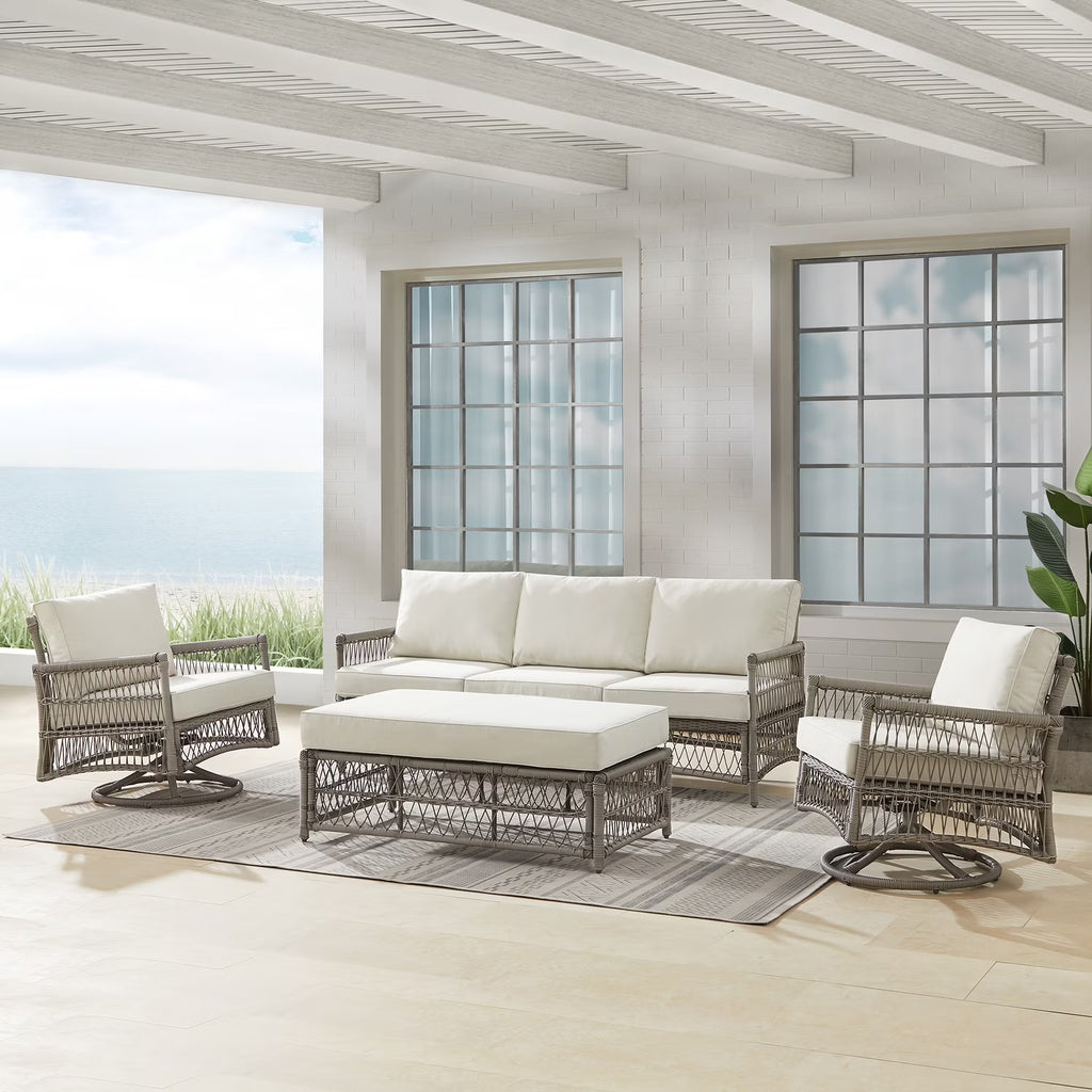 4Pc Outdoor Wicker Swivel Rocker And Sofa Set Creme/Driftwood F960