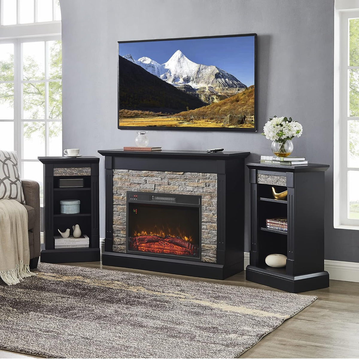 Electric Fireplace Mantel Freestanding Media Stand with 3 Cabinet Bookcase Shelf and Remote Control R91210