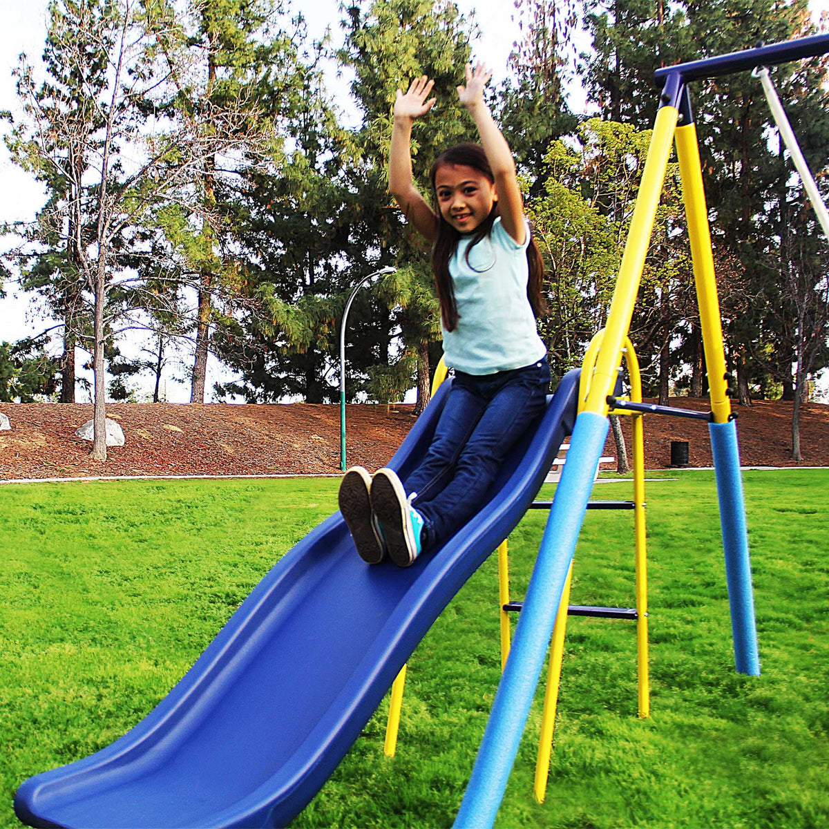 Metal Swing Set with Trapeze, Teeter-Totter, and 6' Double Wall Slide S428051