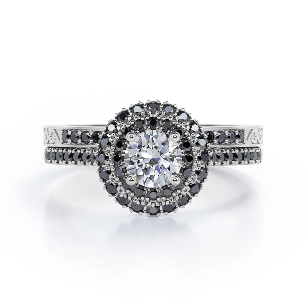 18K White Gold Plated Silver Double Halo Wedding Ring Set Z243