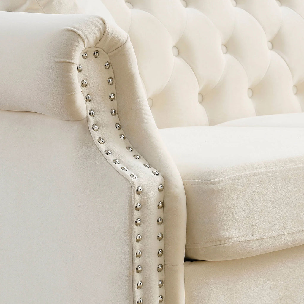 Beige Velvet Three-seat Sofa with Two Pillows J364