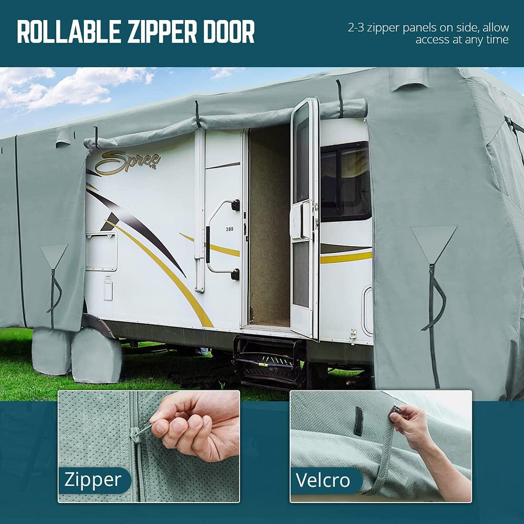 Extra-Thick 4 Layers Travel Trailer RV Cover, Fits 30'-33' Motorhome with 2Pcs Extra Straps & 4 Tire Covers E943516