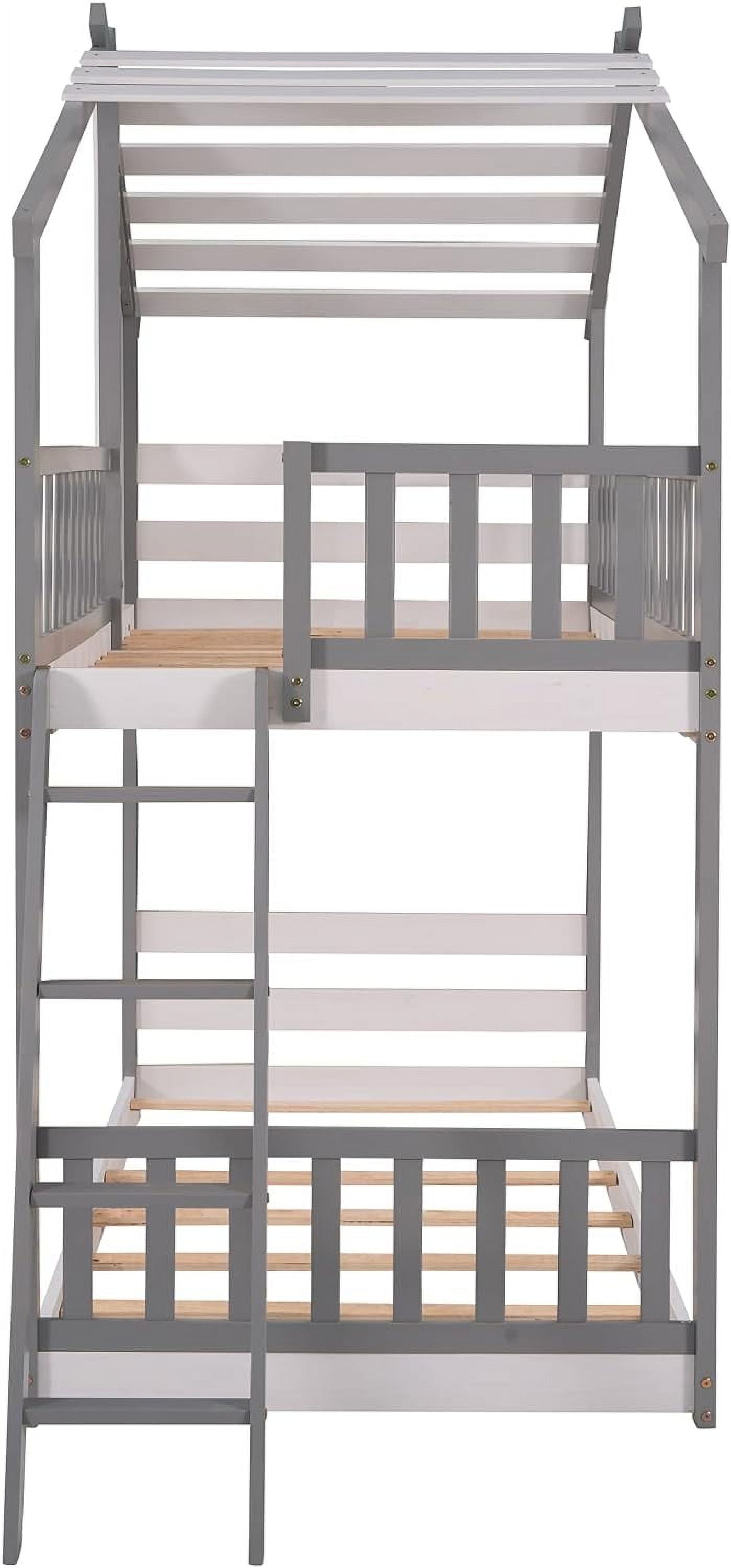 Gray Wood Kids House Bed with Roof and Ladder Q707301