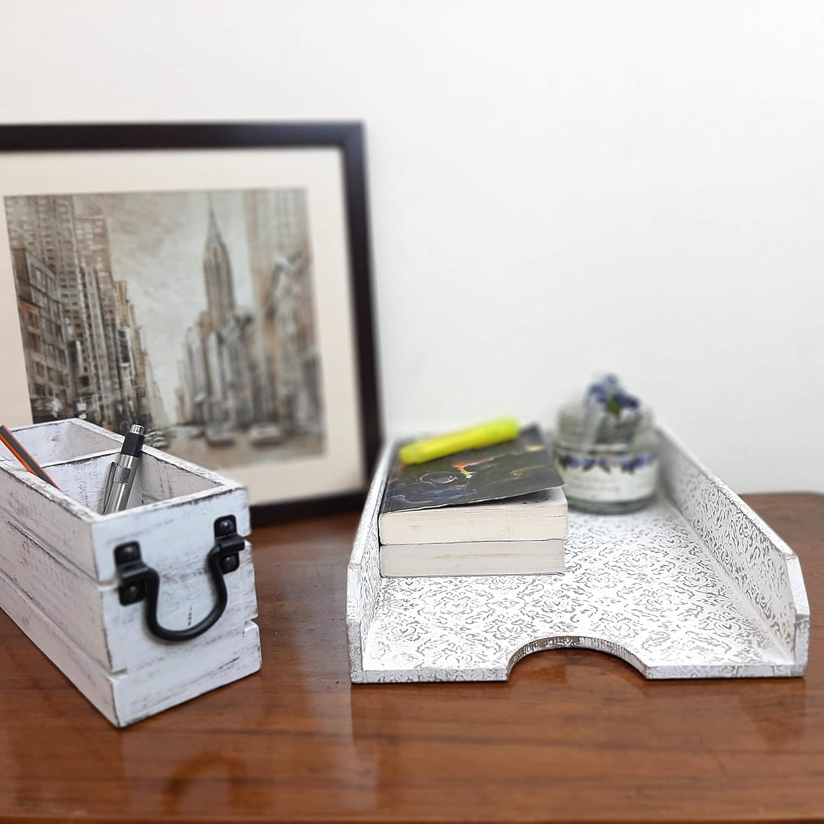 White Wood Silverware Holder Caddy V67253