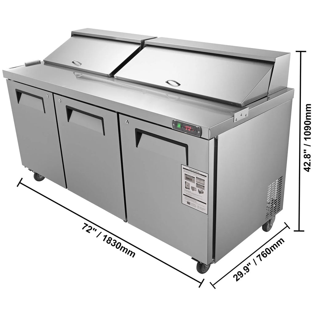 Refrigerated 72" Wide Sandwich Salad Prep Table 3 Doors Holds 18 Pans E733980