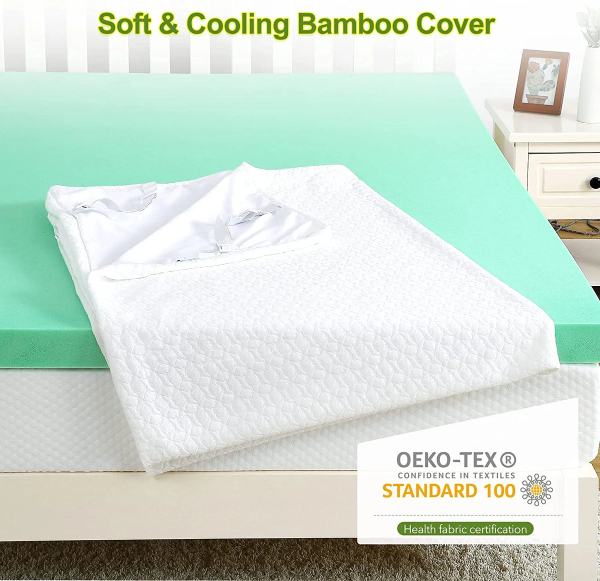 3 Inch Green Tea Memory Foam Mattress Topper with Zippered Bamboo Cover J377